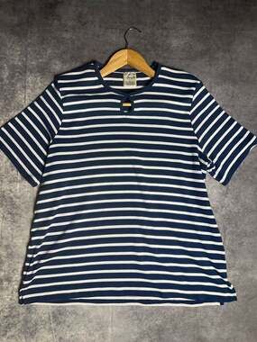 Alison Daley Navy and White Striped Short Sleeve Keyhole Neck Tee Shirt Size L